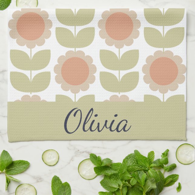  Mid-Century Pastel Pink Retro Floral Pattern Kökshandduk (Vikta)