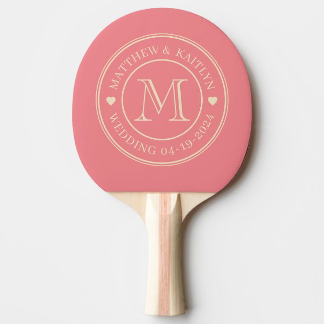 Mid-Century Persika Bröllopsmonogram Hjärtat Pingisracket (Framsidan)