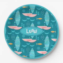 Mid Century Pink Catamaran - Blue Background