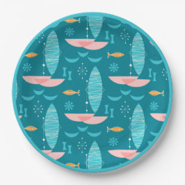 Mid Century Pink Catamaran - Blue Background