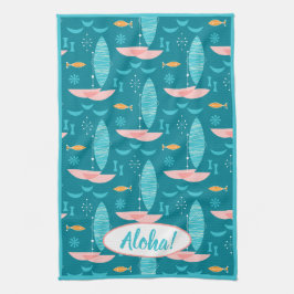 Mid Century Pink Catamaran - Blue Background Kökshandduk