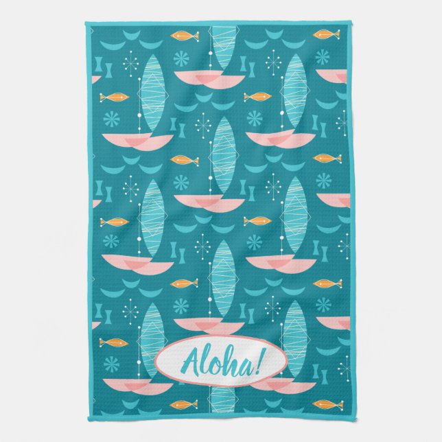 Mid Century Pink Catamaran - Blue Background Kökshandduk (Vertikal)