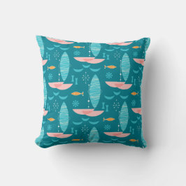 Mid Century Pink Catamaran - Blue Background Kudde