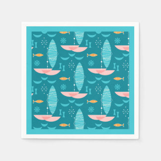 Mid Century Pink Catamaran - Blue Background Pappersservett