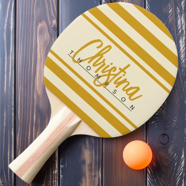 Mid-Century Polo Banner Guld Ocker Målade Namn Pingisracket (Skapare uppladdad)