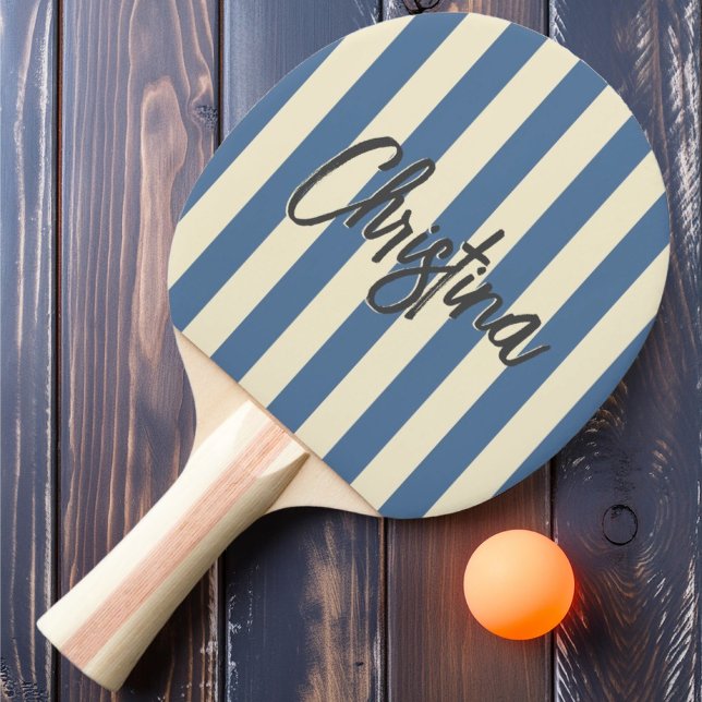 Mid-Century Polo Randig Capri Blå Målad Namn Pingisracket (Skapare uppladdad)