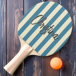 Mid-Century Polo Randig Djup Aqua Målad Namn Pingisracket