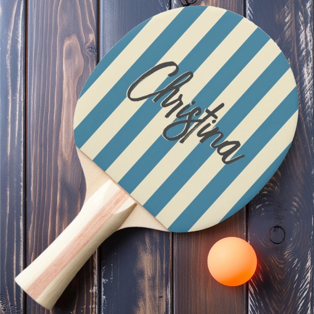 Mid-Century Polo Randig Djup Aqua Målad Namn Pingisracket (Skapare uppladdad)