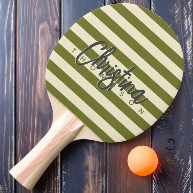 Mid-Century Polo Söt Oliv Målade Namn Pingisracket (Skapare uppladdad)