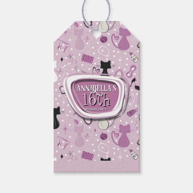 Mid Century Purple Heart Cats Birthday Presentetikett (Framsidan)