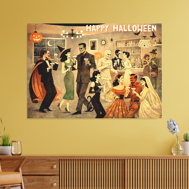 Mid Century Retro 40-tals Halloween Martini-fest Canvastryck (Insitu (Vardagsrum))