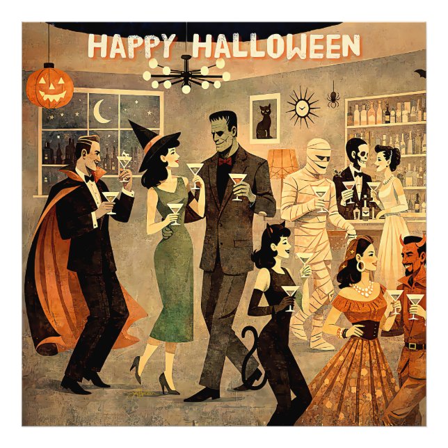 Mid Century Retro 40-tals Halloween Martini-fest Fototryck (Framsidan)
