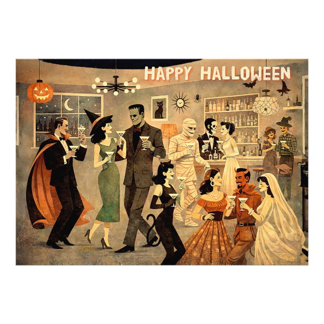 Mid Century Retro 40-tals Halloween Martini-fest Fototryck (Framsidan)
