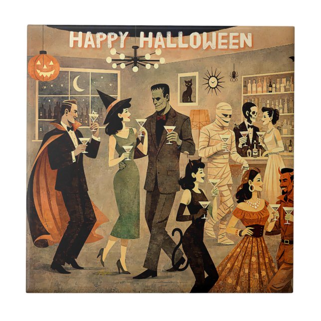 Mid Century Retro 40-tals Halloween Martini-fest Kakelplatta (Framsidan)