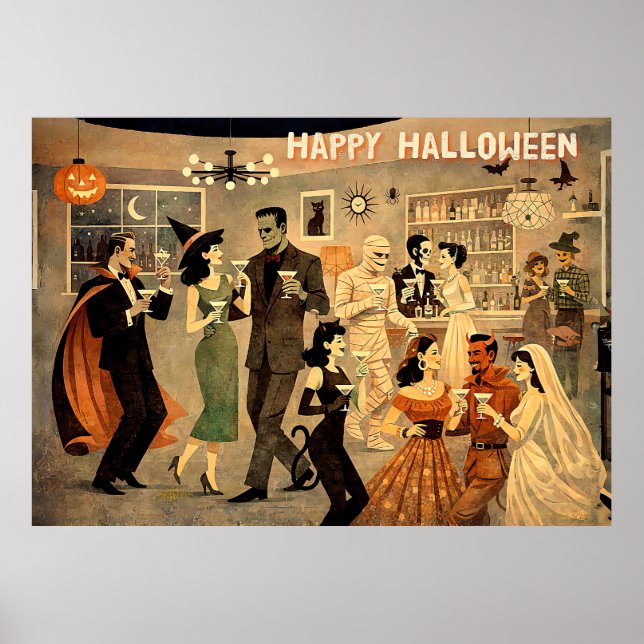 Mid Century Retro 40-tals Halloween Martini-fest Poster (Framsidan)