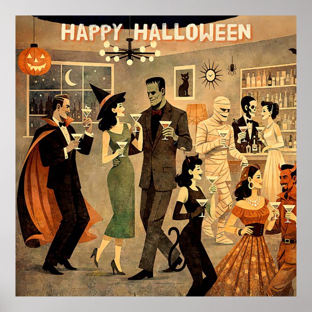 Mid Century Retro 40-tals Halloween Martini-fest Poster (Framsidan)