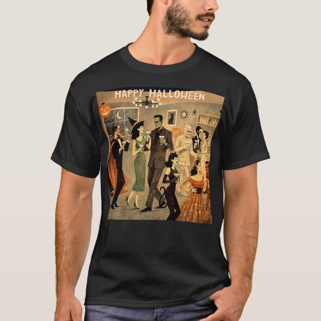 Mid Century Retro 40-tals Halloween Martini-fest T Shirt (Framsida)