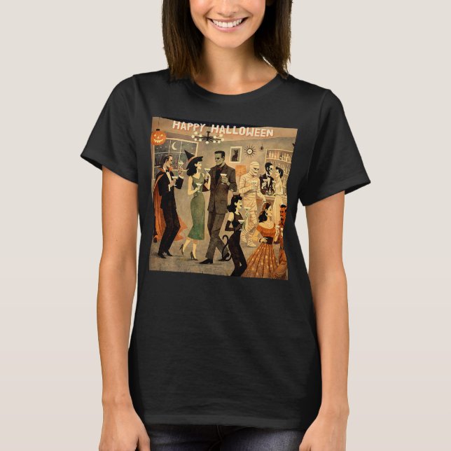 Mid Century Retro 40-tals Halloween Martini-fest T Shirt (Framsida)