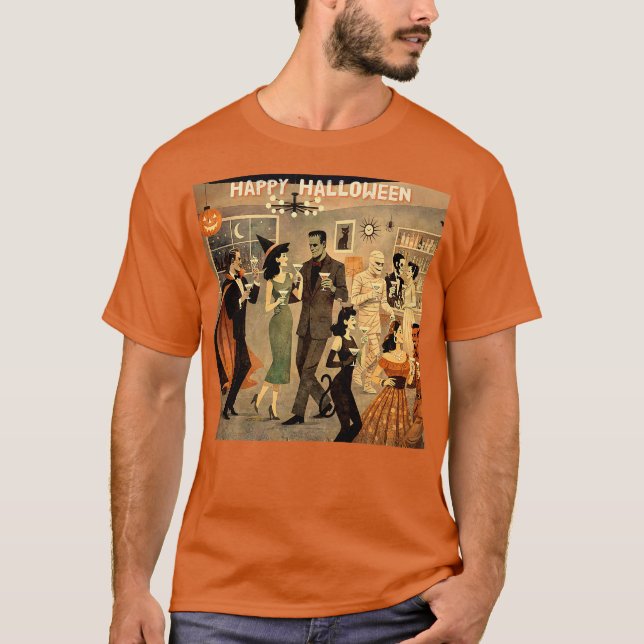 Mid Century Retro 40-tals Halloween Martini-fest T Shirt (Framsida)
