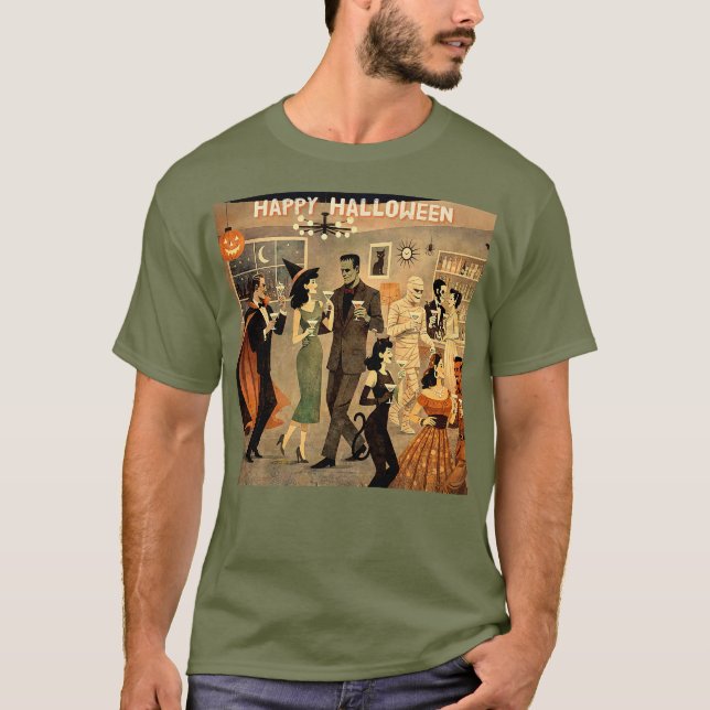 Mid Century Retro 40-tals Halloween Martini-fest T Shirt (Framsida)