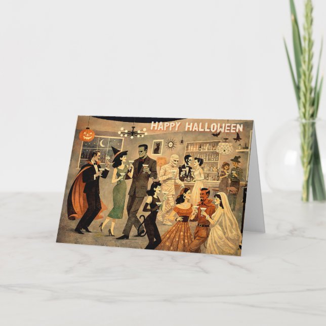 Mid Century Retro 40-tals Halloween Martini-fest Tack Kort (Framsida)