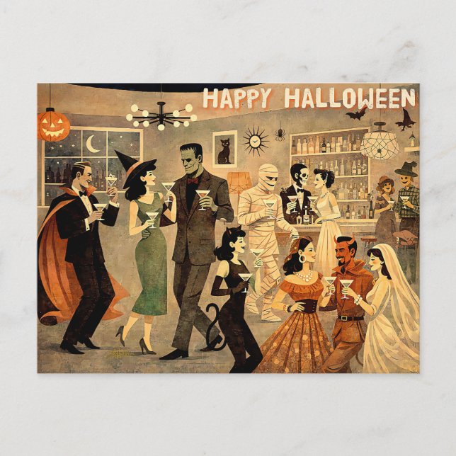 Mid Century Retro 40-tals Halloween Martini-fest Vykort (Framsida)
