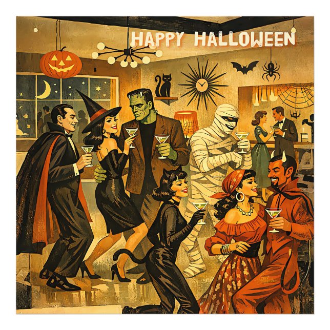 Mid Century Retro 50-tals Halloween Martini-fest Fototryck (Framsidan)