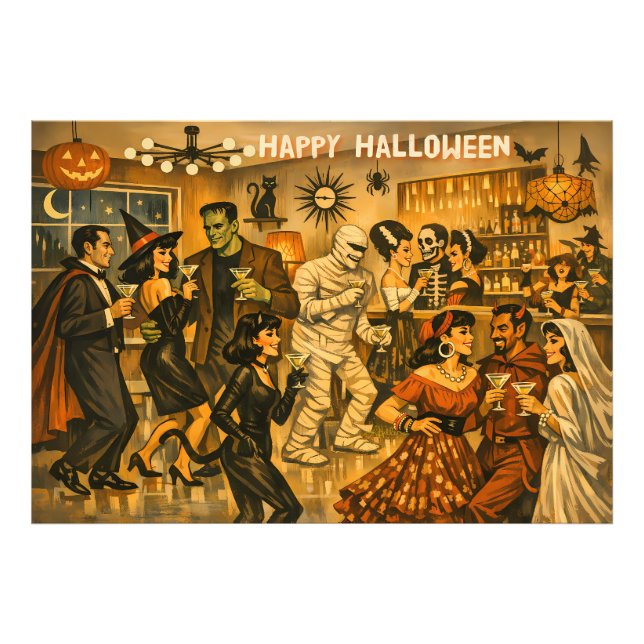 Mid Century Retro 50-tals Halloween Martini-fest Fototryck (Framsidan)