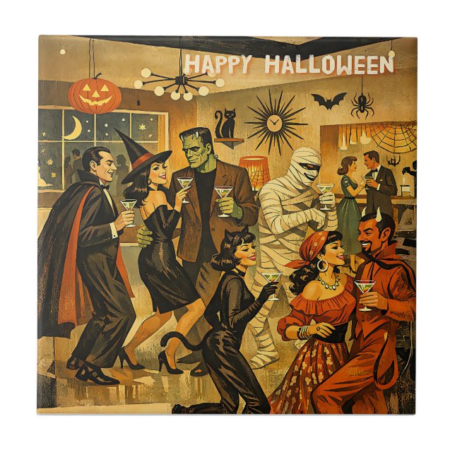 Mid Century Retro 50-tals Halloween Martini-fest Kakelplatta (Framsidan)