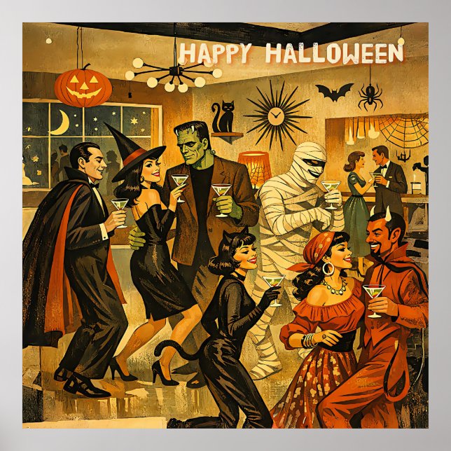 Mid Century Retro 50-tals Halloween Martini-fest Poster (Framsidan)