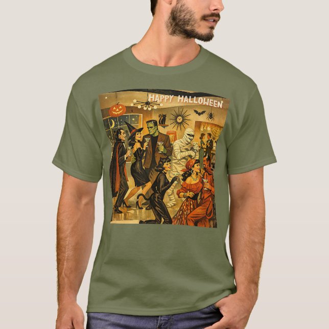 Mid Century Retro 50-tals Halloween Martini-fest T Shirt (Framsida)