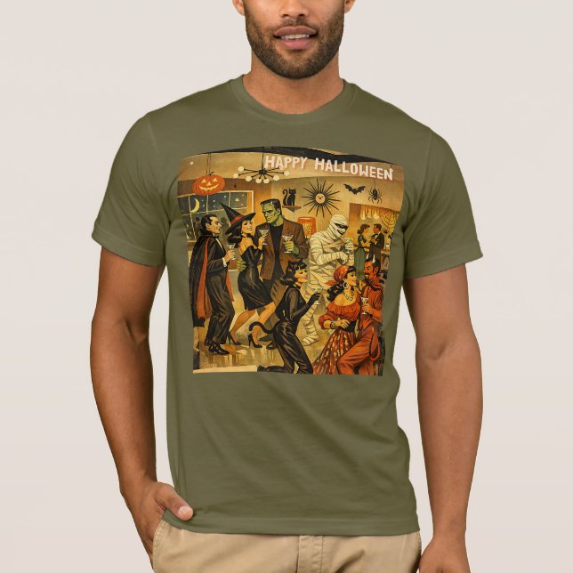 Mid Century Retro 50-tals Halloween Martini-fest T Shirt (Framsida)