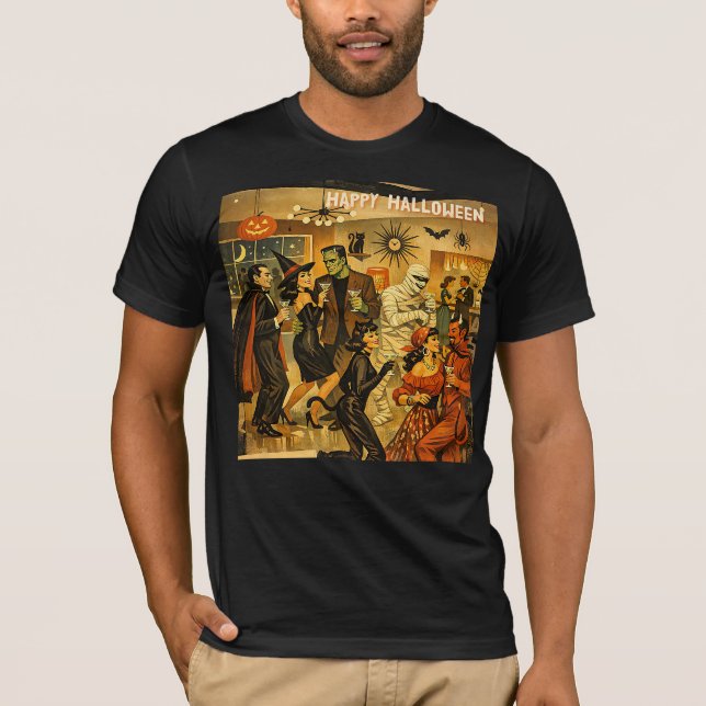 Mid Century Retro 50-tals Halloween Martini-fest T Shirt (Framsida)