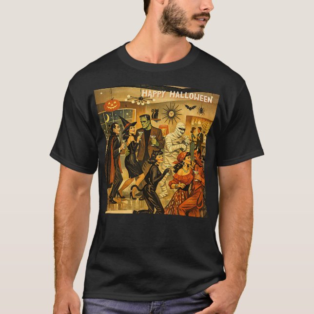 Mid Century Retro 50-tals Halloween Martini-fest T Shirt (Framsida)