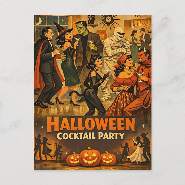 Mid Century Retro 50-tals Halloween Martini-fest Vykort (Framsida)