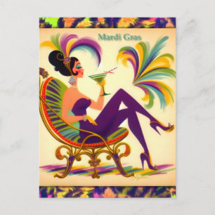 Mid Century Retro 60 s Mardi Gras Martini Woman Vykort