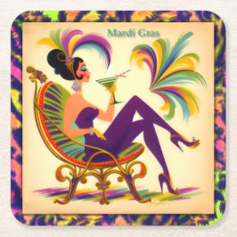 Mid Century Retro 60-Tal Mardi Gras Martini Kvinna Underlägg Papper Kvadrat