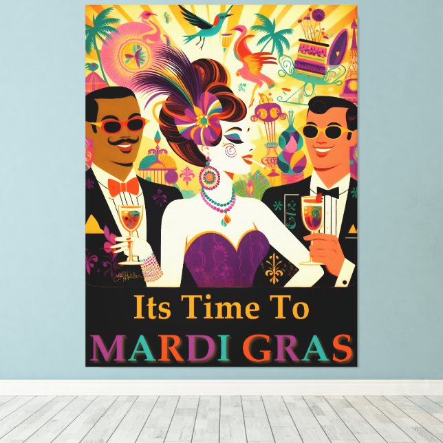 Mid Century Retro 60s Mardi Gras Cocktail Party Canvastryck (Insitu (trägolv))