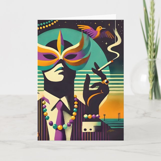 Mid Century Retro 60s Mardi Gras Den Rykande Manne Kort (Framsida)