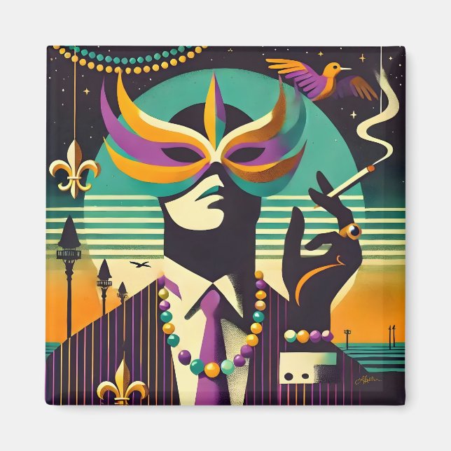 Mid Century Retro 60s Mardi Gras Den Rykande Manne Magnet (Framsidan)