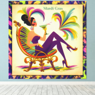 Mid Century Retro 60s Mardi Gras Martini Kvinna Canvastryck