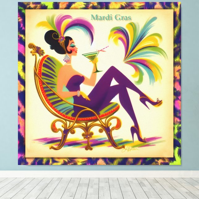 Mid Century Retro 60s Mardi Gras Martini Kvinna Canvastryck (Insitu (trägolv))