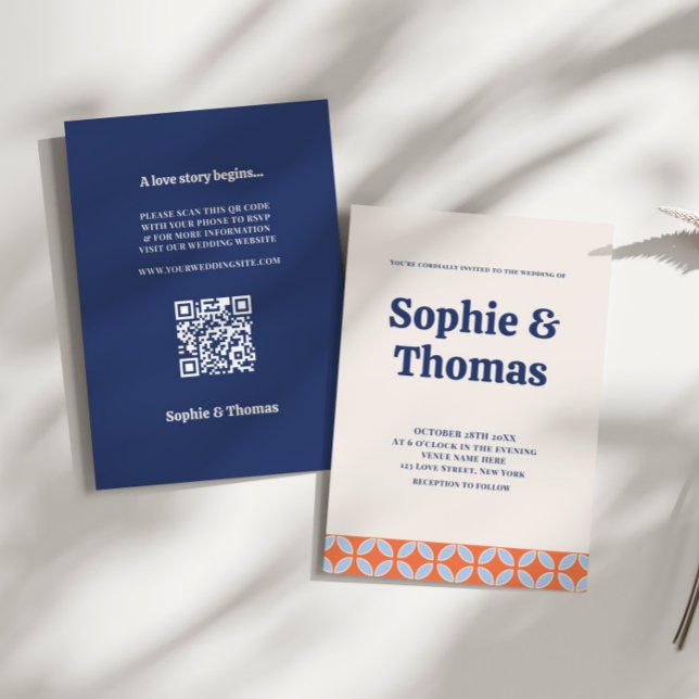 Mid Century Retro Bröllop Inbjudningar (Mid Century Modern Wedding Invitation Orange and Blue)