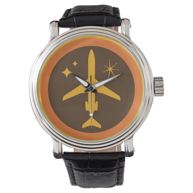 Mid-Century Retro Brunt och Orange Jetliner Armbandsur (Framsida)