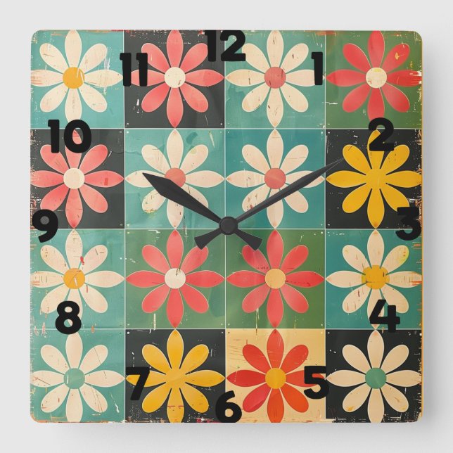 Mid Century Retro Daisy Mönster Fyrkantig Klocka (Framsida)
