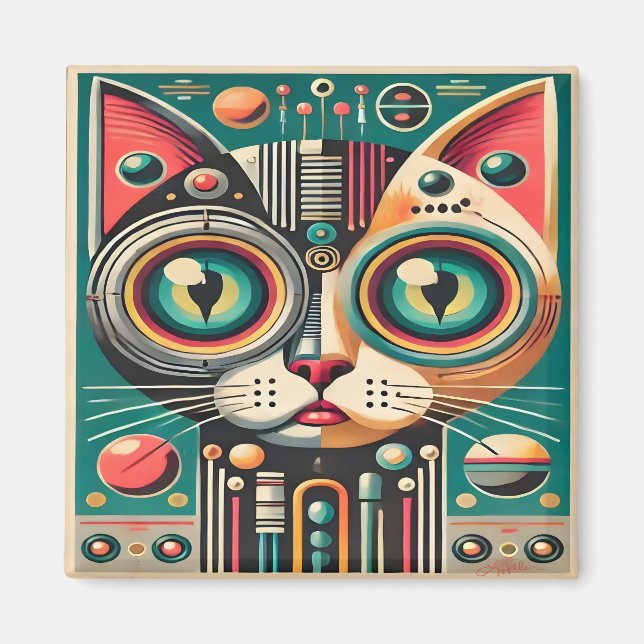 Mid Century Retro Futuristisk Krets Katt Magnet (Framsidan)