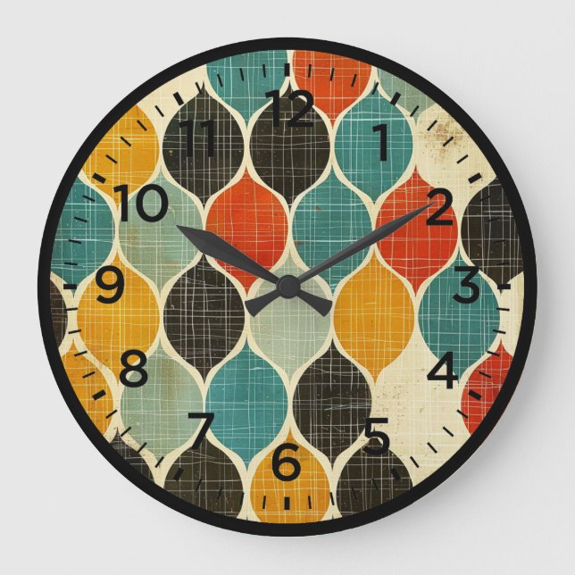 Mid Century Retro Harlequin Mönster Stor Klocka (Framsida)