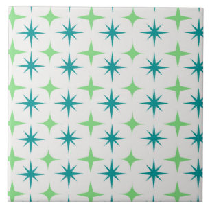 Mid Century Retro Starbursts Mönster teal grön Kakelplatta