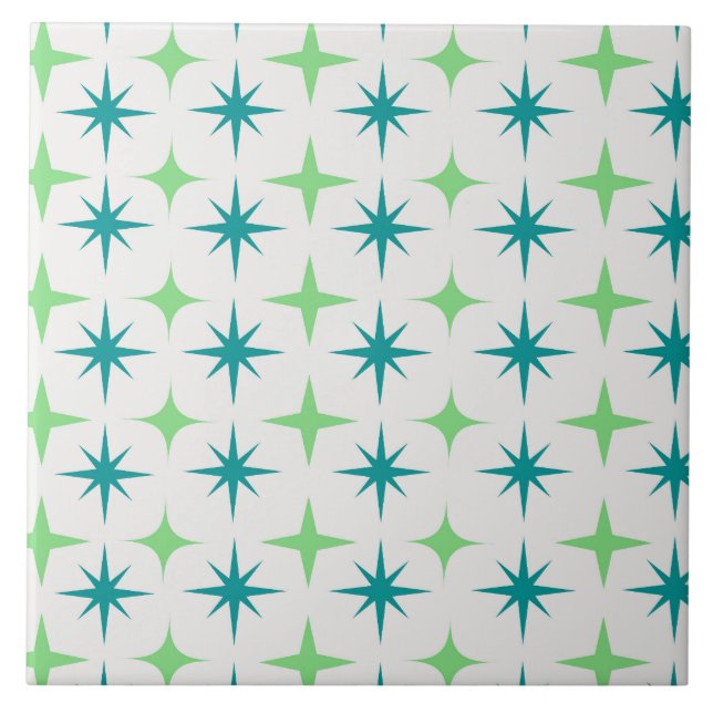 Mid Century Retro Starbursts Mönster teal grön  Kakelplatta (Framsidan)