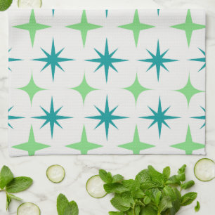 Mid Century Retro Starbursts Mönster teal grön Kökshandduk